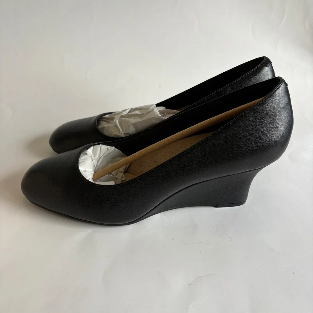 Clarks Collection Olivette Pearl Black Leather Wedge Pumps Womens 10 M New